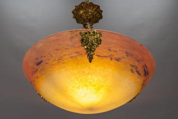 Art Nouveau FrenchBronze and Polychrome Glass Pendant Light from Degué, 1920s-KEG-1761413