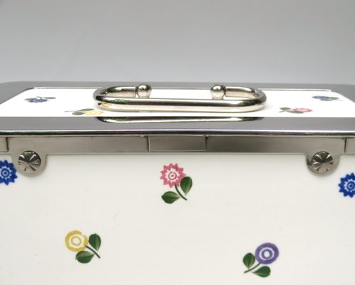 Art Nouveau German Ceramic Chrome-Plated Baisage Box with Spreading Flowers from Wmf-EY-1113288