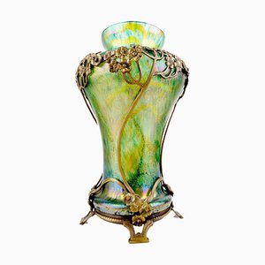 Art Nouveau Glass Vase with Bronze Overlay, 1900s-GUT-2033451