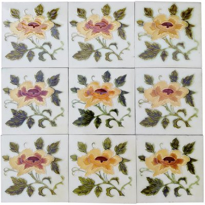 Art Nouveau Glazed Relief Tiles with Rose Pattern, 1930s-VDW-904907