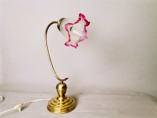 Art Nouveau Golden Brass and Pink Frosted Glass Table Lamp, 1930s-SCS-1220300