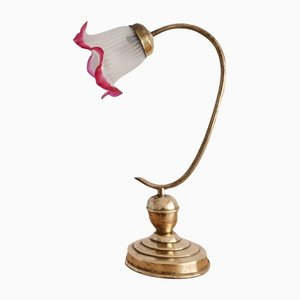 Art Nouveau Golden Brass and Pink Frosted Glass Table Lamp, 1930s-SCS-1220300