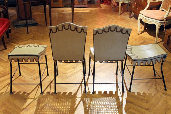 Art Nouveau Italian Hand Painted Iron Folding Garden Scalloped Chairs and Stools, Set of 4-AXE-1433409