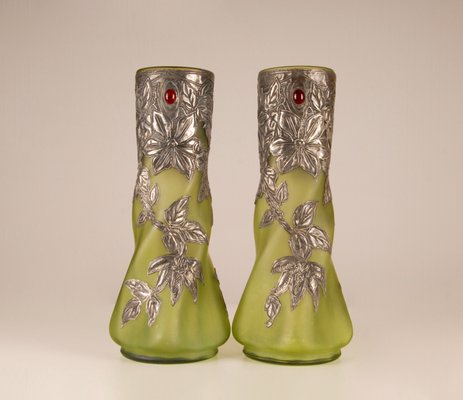 Art Nouveau Jewelled Vases Glass Paste and Silver Pewter by Charles Schneider, Set of 2-GOE-1091829