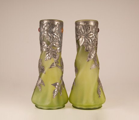 Art Nouveau Jewelled Vases Glass Paste and Silver Pewter by Charles Schneider, Set of 2-GOE-1091829