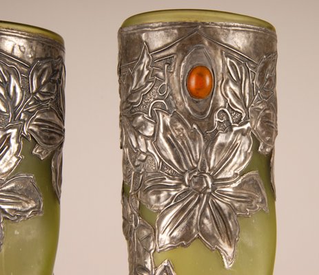 Art Nouveau Jewelled Vases Glass Paste and Silver Pewter by Charles Schneider, Set of 2-GOE-1091829