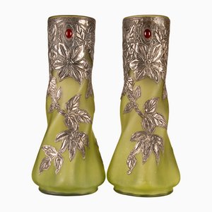 Art Nouveau Jewelled Vases Glass Paste and Silver Pewter by Charles Schneider, Set of 2-GOE-1091829