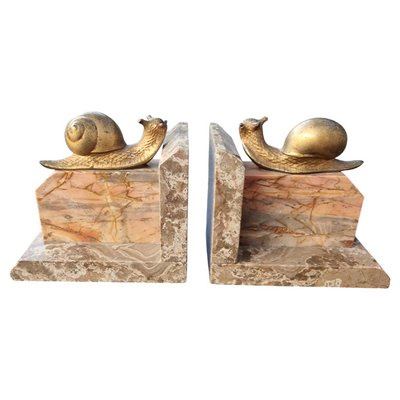 Art Nouveau Marble Bookends with Gilded Bronze Snails, 1890s, Set of 2-BXK-2028820