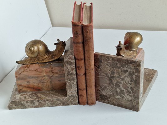 Art Nouveau Marble Bookends with Gilded Bronze Snails, 1890s, Set of 2-BXK-2028820