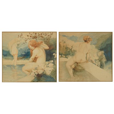 Art Nouveau Nude Watercolor Paintings by A. Crommen, 1918, Set of 2-KTN-622037