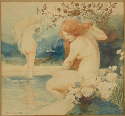 Art Nouveau Nude Watercolor Paintings by A. Crommen, 1918, Set of 2-KTN-622037