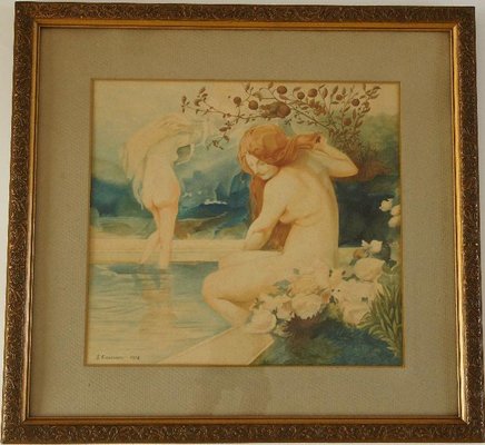 Art Nouveau Nude Watercolor Paintings by A. Crommen, 1918, Set of 2-KTN-622037