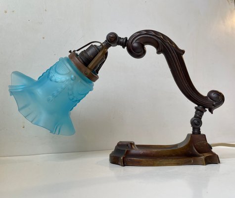 Art Nouveau Piano or Table Lamp in Bronze and Blue Glass, 1920s-LCR-1293247