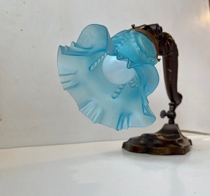 Art Nouveau Piano or Table Lamp in Bronze and Blue Glass, 1920s-LCR-1293247