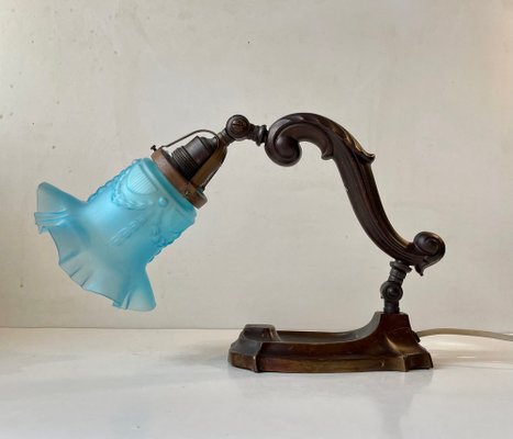 Art Nouveau Piano or Table Lamp in Bronze and Blue Glass, 1920s-LCR-1293247