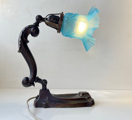 Art Nouveau Piano or Table Lamp in Bronze and Blue Glass, 1920s-LCR-1293247