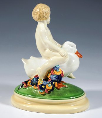 Art Nouveau Putto Riding a Duck Figurine in Ceramic by Doblinger, Vienna, Austria, 1910s-EMT-1704069