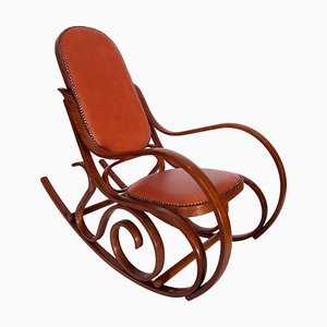 Art Nouveau Rocking Chair in Steam Bent Beechwood & Leather from Thonet-NJV-765346