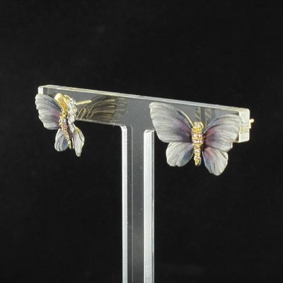 Art Nouveau Style Enamel Diamond Gold Butterfly Stud Earrings, Set of 2-OLU-896194