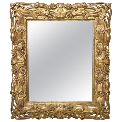 Art Nouveau Style Rectangular Gold Foil Hand Carved Wooden Mirror, 1970s-UZ-1155367