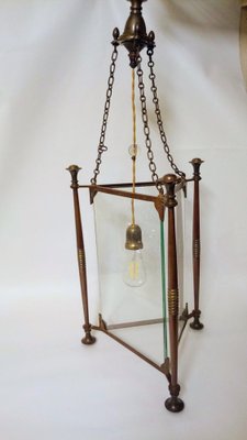 Art Nouveau Style Triangular-Shaped Lantern in Bronze and Glass-QZG-1327510