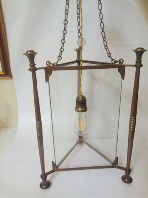 Art Nouveau Style Triangular-Shaped Lantern in Bronze and Glass-QZG-1327510