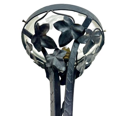 Art Nouveau Table Lamp in Wrought Iron with Glass Shade in the style of Val Saint Lambert, 1930s-MJY-1769407