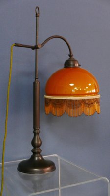 Art Nouveau Table Lamp with Bronze Base and Round Glas Shade with Glas Beads, Germany, 1970s-KK-1814645