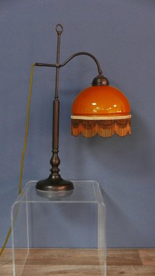 Art Nouveau Table Lamp with Bronze Base and Round Glas Shade with Glas Beads, Germany, 1970s-KK-1814645