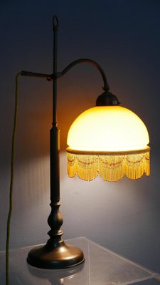 Art Nouveau Table Lamp with Bronze Base and Round Glas Shade with Glas Beads, Germany, 1970s-KK-1814645