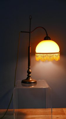 Art Nouveau Table Lamp with Bronze Base and Round Glas Shade with Glas Beads, Germany, 1970s-KK-1814645