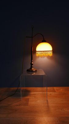 Art Nouveau Table Lamp with Bronze Base and Round Glas Shade with Glas Beads, Germany, 1970s-KK-1814645