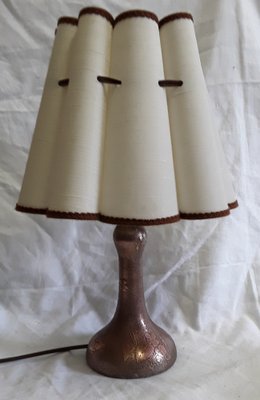 Art Nouveau Table Lamp with Formerly Silver Plated Copper Base & Segmented Beige Fabric Shade with Brown Ribbons-HOI-1312101