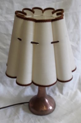 Art Nouveau Table Lamp with Formerly Silver Plated Copper Base & Segmented Beige Fabric Shade with Brown Ribbons-HOI-1312101