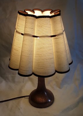 Art Nouveau Table Lamp with Formerly Silver Plated Copper Base & Segmented Beige Fabric Shade with Brown Ribbons-HOI-1312101