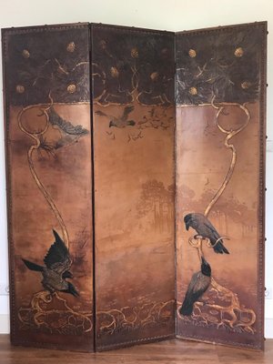 Art Nouveau Three Panel Tooled Leather Screen, 1900s-DVX-1801422