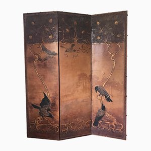 Art Nouveau Three Panel Tooled Leather Screen, 1900s-DVX-1801422