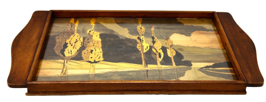 Art Nouveau Tray with Wood Panel with Glass and Landscape Decoration-MJY-1150444