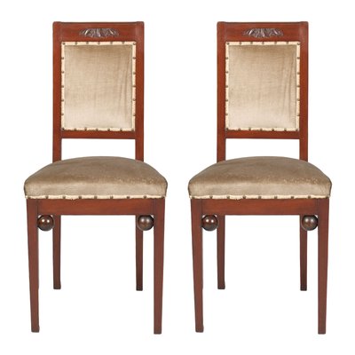 Art Nouveau Walnut and Taupe Velvet Dining Chairs from Wiener Werkstatte, Set of 2-NJV-679046