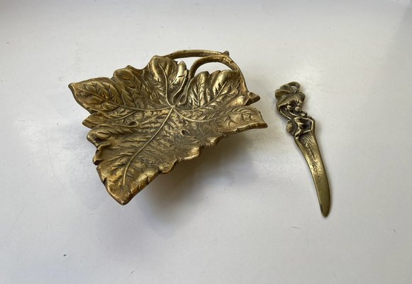 Art Nouveau Wine Leaf Dish and Letter Opener in Brass, 1940s, Set of 2-LCR-1805425