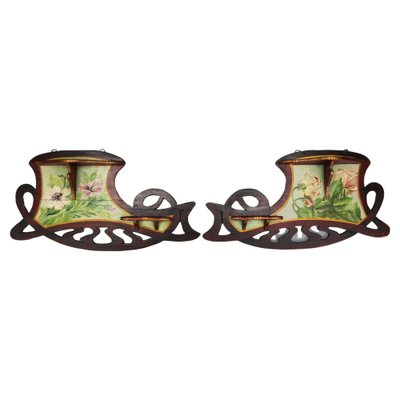 Art Nouveau Wooden Hand-Painted Floral Shelves, Germany, 1910, Set of 2-KEG-1377966