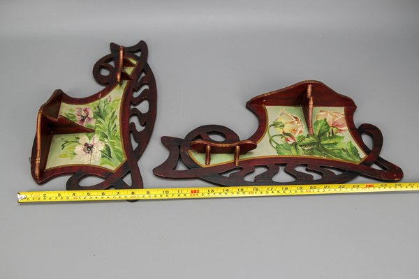 Art Nouveau Wooden Hand-Painted Floral Shelves, Germany, 1910, Set of 2-KEG-1377966