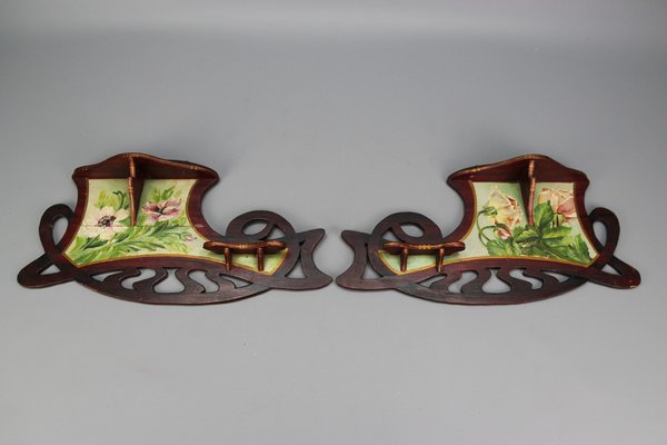 Art Nouveau Wooden Hand-Painted Floral Shelves, Germany, 1910, Set of 2-KEG-1377966