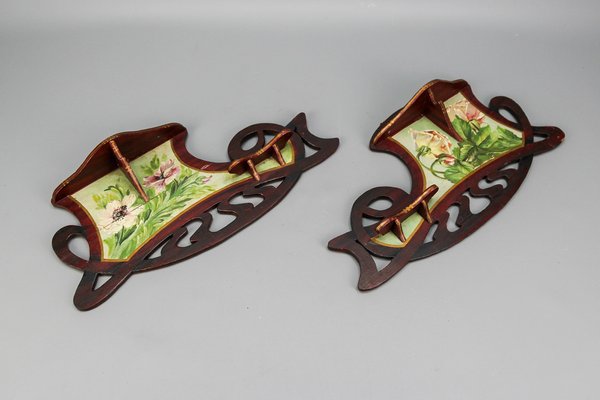 Art Nouveau Wooden Hand-Painted Floral Shelves, Germany, 1910, Set of 2-KEG-1377966