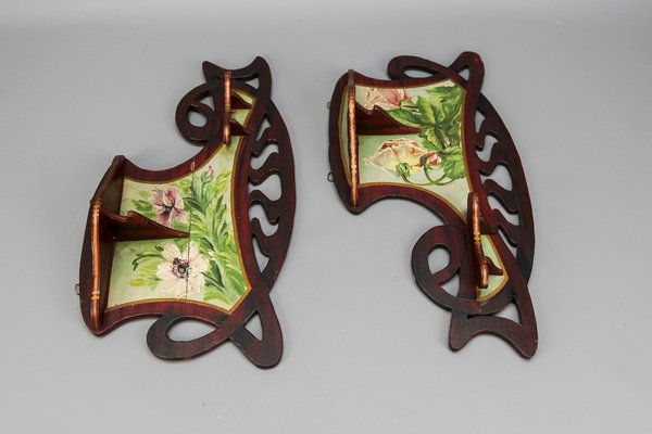 Art Nouveau Wooden Hand-Painted Floral Shelves, Germany, 1910, Set of 2-KEG-1377966