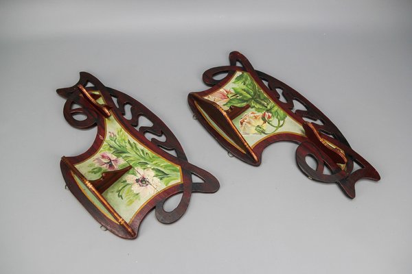 Art Nouveau Wooden Hand-Painted Floral Shelves, Germany, 1910, Set of 2-KEG-1377966