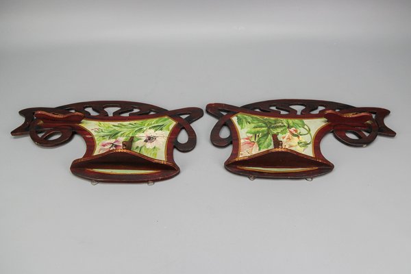 Art Nouveau Wooden Hand-Painted Floral Shelves, Germany, 1910, Set of 2-KEG-1377966