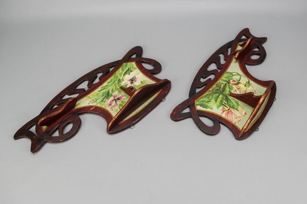 Art Nouveau Wooden Hand-Painted Floral Shelves, Germany, 1910, Set of 2-KEG-1377966