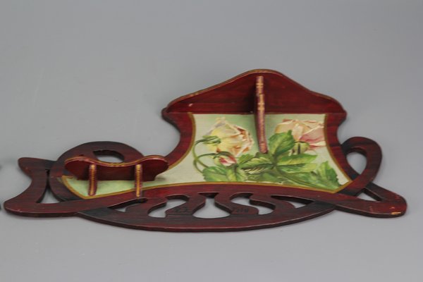 Art Nouveau Wooden Hand-Painted Floral Shelves, Germany, 1910, Set of 2-KEG-1377966