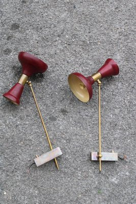 Articulated Wall Lamps in Brass and Red Lacquered Aluminum, 1950, Set of 2-EH-1450991